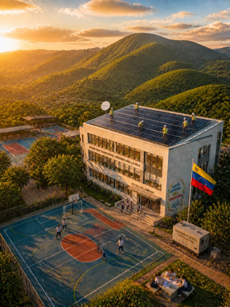 Institución educativa en Venezuela con paneles solares y canchas deportivas