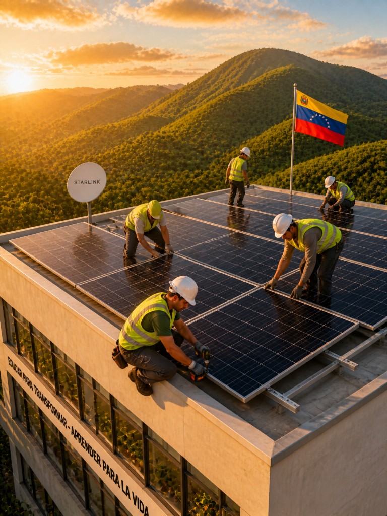 Trabajadores instalando paneles solares en el techo de una institución educativa