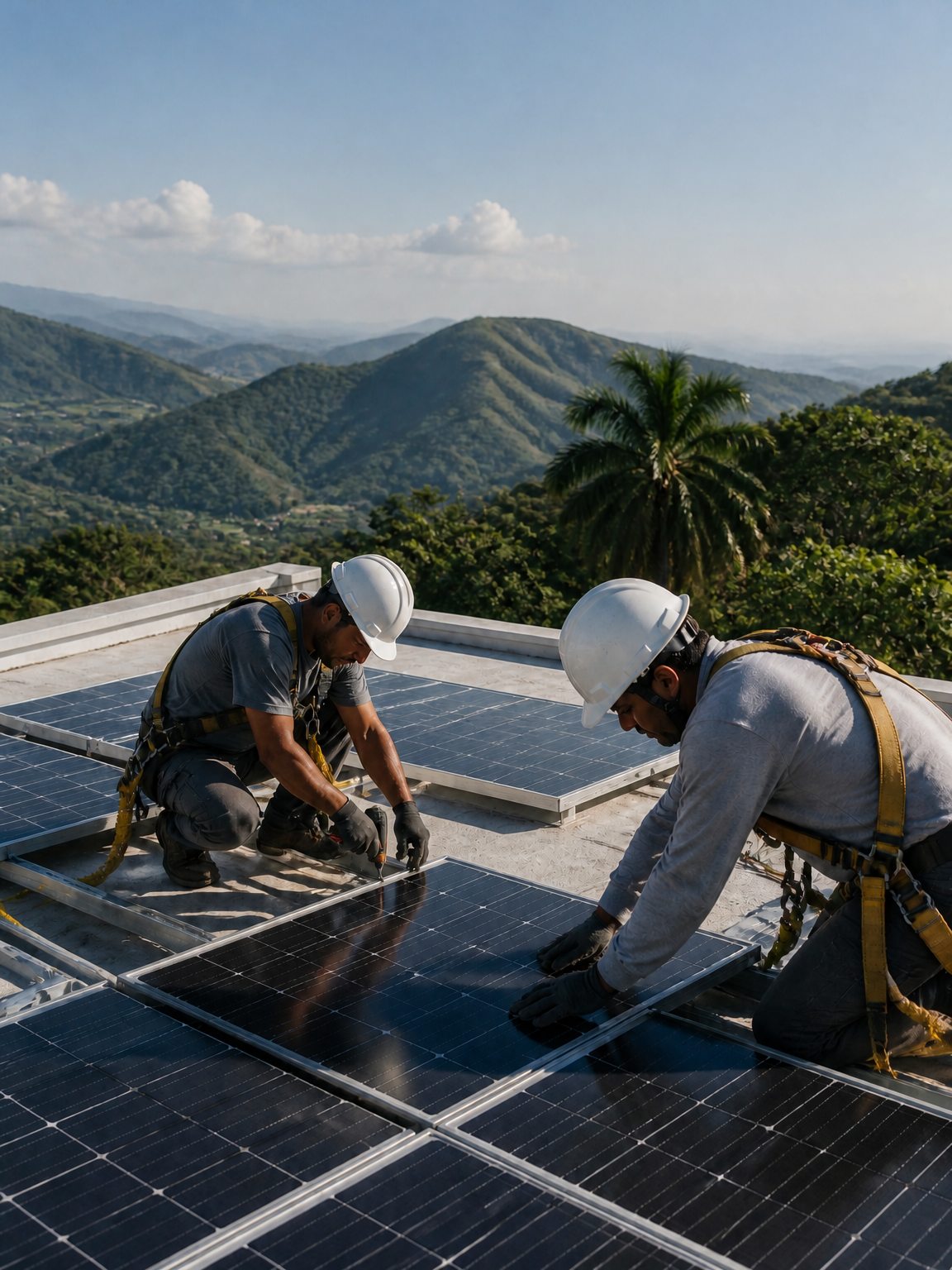 Trabajadores instalando paneles solares en el techo de una institución educativa