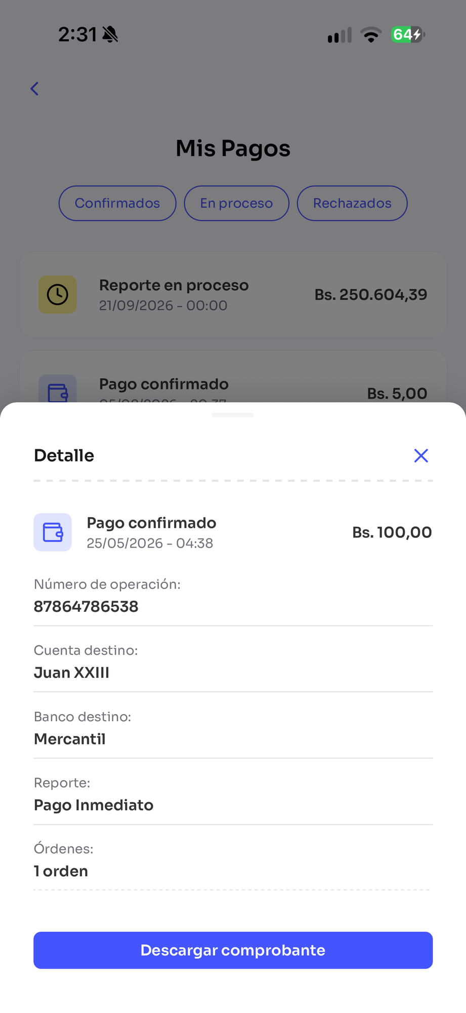 Detalle de un pago confirmado con el botón de descargar comprobante